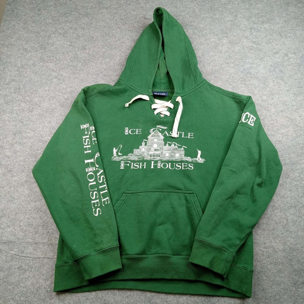 Ice Castle Fish Houses Hoodie Mens 2XL Green Lace Up Graphic Pullover Sweatshirt